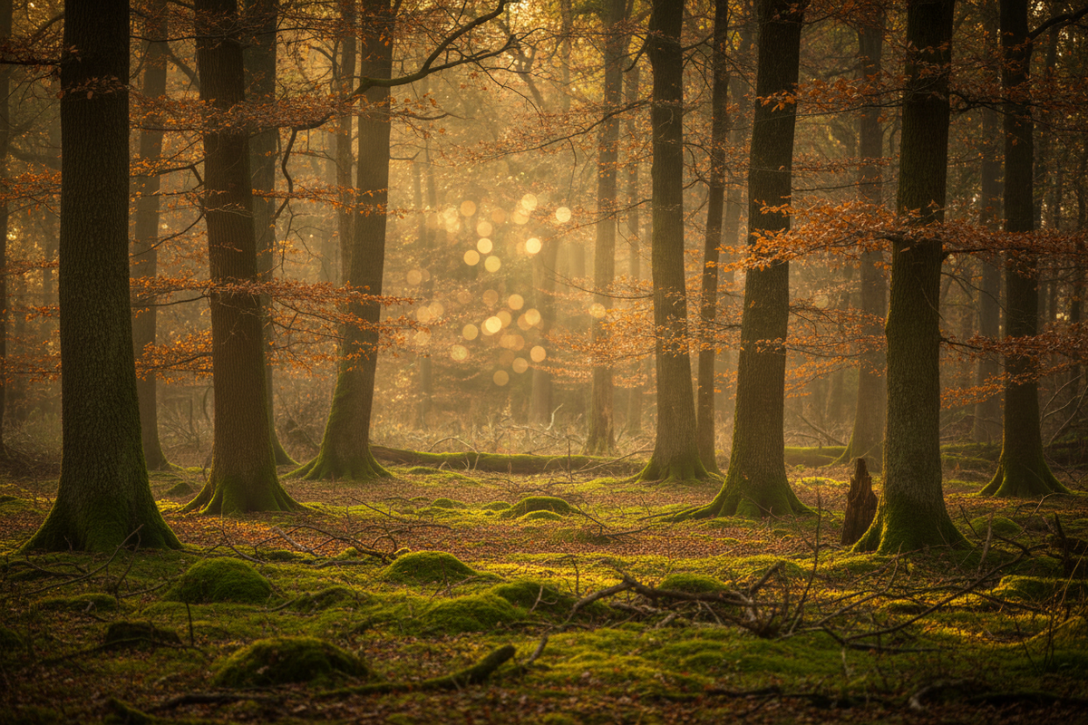 Dappled golden light through ancient British woodland