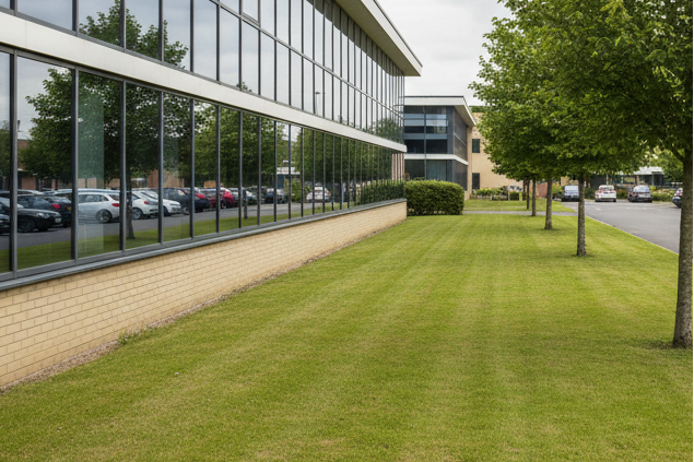 mown grass outside an office